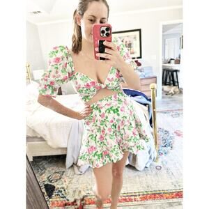 Hill House The Isabella Top & Paz Skirt in Pink Roses Floral 2 Piece Set M/L NWT